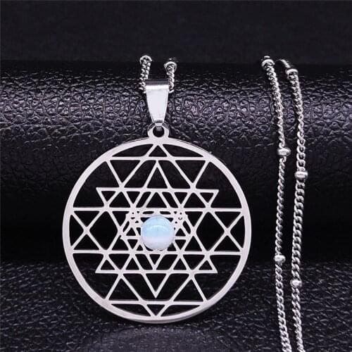 Yoga Flower of Life Stainless Steel Moonstone Necklace Women Black Silver Color Statement Necklace Jewelry collier femme N635S04