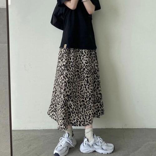Women Skirt Leopard Print High-waisted Skirt Elastic Waist Ankle-Length A-LINE Skirts Korean Fashion Loose Casual Summer Skirt