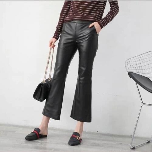 Leather pants women flare pants bell bottom pants 2019 new fashion real sheepskin leather trousers women