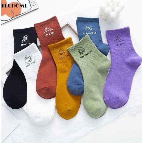 Women Autumn Cotton Socks Female Korean Mid Tube Socks Expression Socks Cute Japanese Students Winter Cartoon Letter Socks