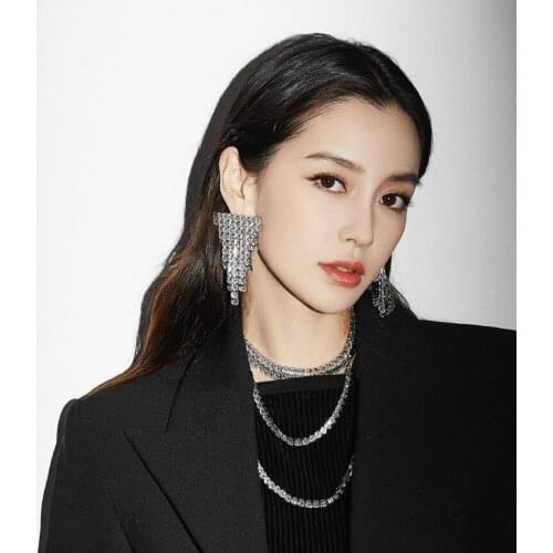 New Hyperbole Full Rhinestone Woman Earrings T-shape Luxurious Popular Fashion Silvery Geometric Evening dress Charm accessories