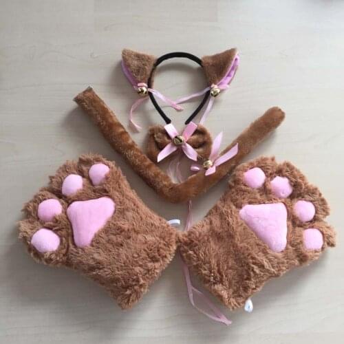Women Lady Cat Fox Maid Cosplay Costume Set Plush Ear Bell Headband Bowknot Collar Tail Paws Gloves Anime Props