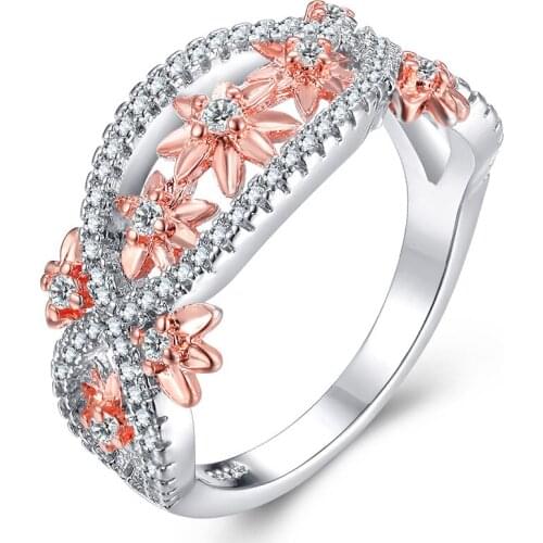 Creative Rose Gold Wedding Double layer Hollow Flower Ring for Women Micro-inlaid Simulation Wild Ring Marriage Jewelry Ring