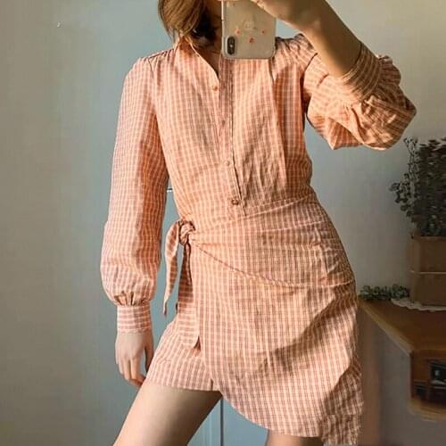 Plaid Print Pink Mini Dress 2021 Elegant Woman V Neck Long Sleeves Turn-down Collar Short Dresses Female Vintage Chic Robe