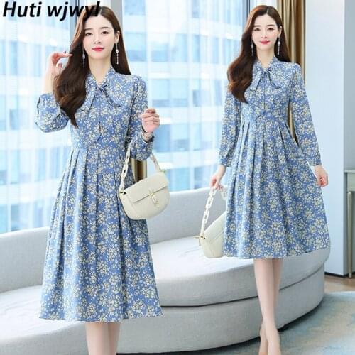 Autumn Floral Chiffon Long Sleeve Dress Spring Women Korean Vintage Bodycon Elegant Vestidos 2021 Casual Beach Party Midi Dress