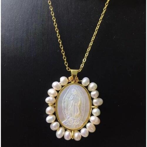 1pc Free Shipping Natural MOP Sacred Heart & Guadalupe &San Benito Mother Pearl Necklace Freshwater Pearl Lady Necklace for Gift