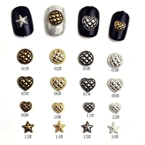 50pcs/pack Alloy Nail Art 3D Retro Gold Silver Engraved Round Heart Pentagram Metal Accessorie for Phototherapy Nail Sticker DIY
