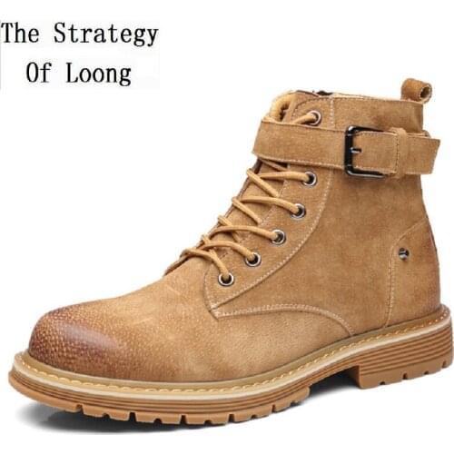 Spring Autumn Winter Genuine Leather Ankle Men Motorcycle Boots Buckle Lace-Up plush Warm Vintage Male Work Safety Shoes 190717