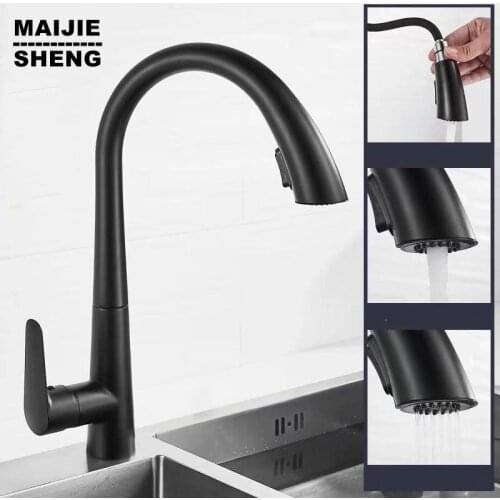 Black Kitchen Faucet Two Function Single Handle Pull Out Mixer Hot and Cold Water Taps Deck Mounted Sink Faucet Pull Down
