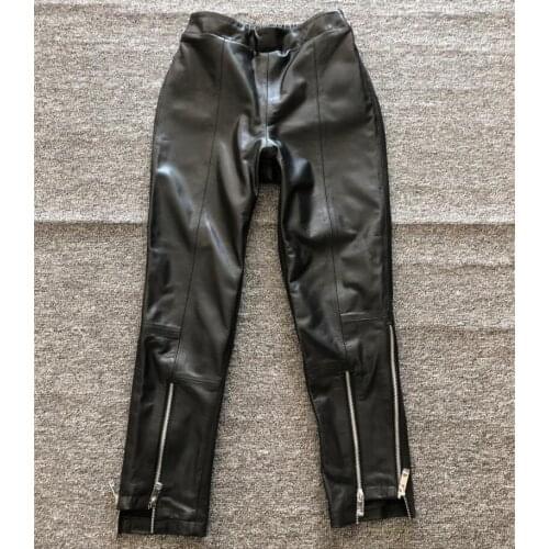 Europe brand new womens leather pencil pants high quality genuine leather zipper ninth pants B474