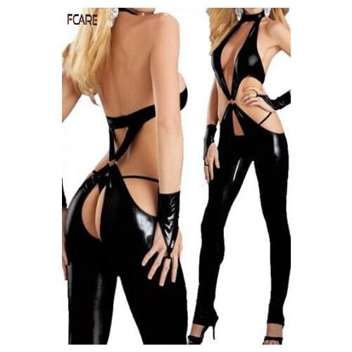 Fcare Faux leather leotard open crotch LADYGAGA disco nightclub pole dancing clothes