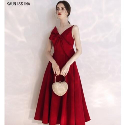 Elegant A-Line Bow Cocktail Dresses V-Neck Wine Red Dress Spaghetti Strap Tea-Length Backless Vestidos Formales Robe Party Gowns