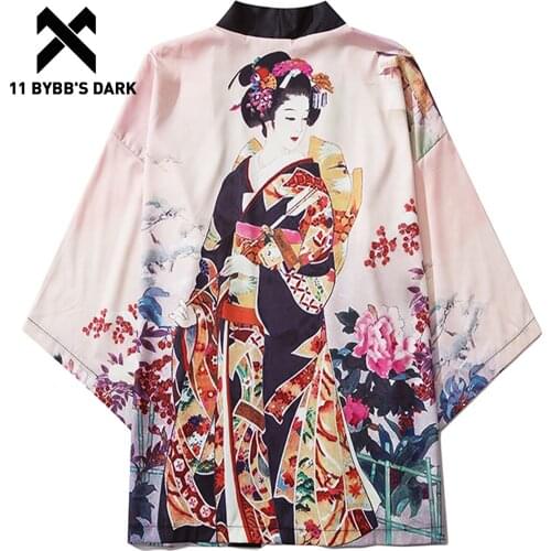 11 BYBBS DARK 2020 Summer Japanese Kimono Jackets Hip Hop Ancient Geisha Print Streetwear Front Open Coat Harajuku Loose Kimono