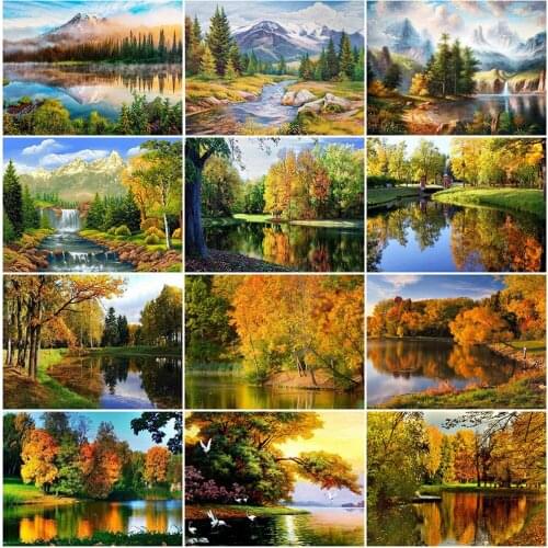 MomoArt 5D Diamond Embroidery Scenic Cross Stitch Kits Diamond Painting Tree Rhinestones Mosaic Lake Full Square Decor For Home