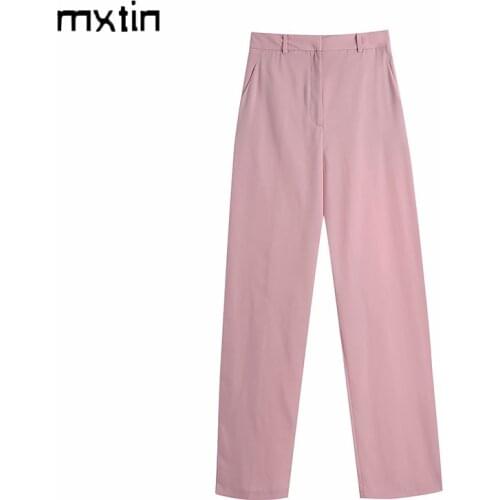 MXTIN 2021 Women Vintage Pink Suit Pants Fashion Zipper Fly Side Pockets Office Lady Wear Female Ankle Trousers Pantalones