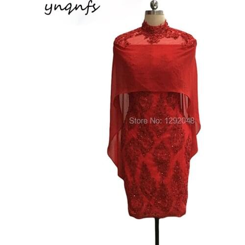 Cape Cloak Sleeves Red Mother of the Bride Dresses Party Gown Groom Lace Outfits Vintage Knee Length 2019 YNQNFS MD412