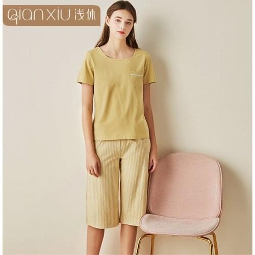 Spring Early Summer Pajamas Set Women Sleepwear Casual Pyjamas Short Sleeve Tops With Short Trousers Female Home Clothing