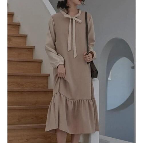 French dress ladies solid color scarf collar regular sleeve waist mid-length dress ladies 2021 spring and autumn models