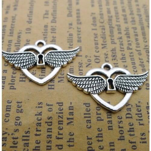 Newest 20Pcs 16*25mm Antique Silver Plated Alloy Angel Wings Charms Heart Pendant Accessories Charms For Diy Jewelry Making