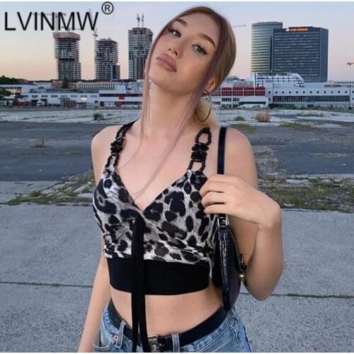 LVINMW Slim Sexy Front Bandage Halter V Neck Sleeveless Tops Backless Leopard Print Decorative Pearl Straps Patchwork Crop Top