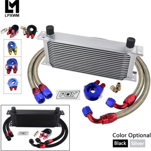 UNIVERSAL 13 ROWS OIL COOLER KIT + OIL FILTER SANDWICH ADAPTER + NYLON STAINLESS STEEL BRAIDED AN10 HOSE W/ STICKER+BOX