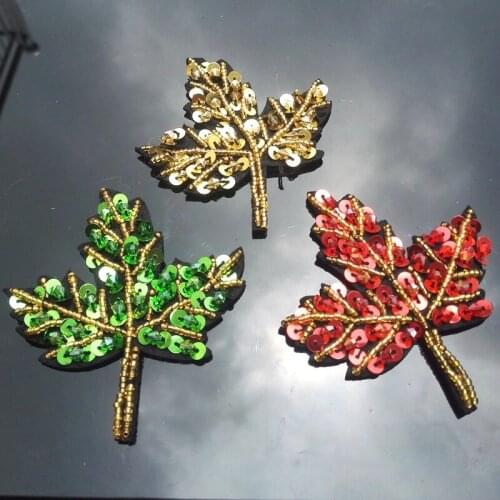 Green/red Sequins embroidery Maple leaf patch Applique Handmade Rhinestone nail bead 3D patch for dress DIY Wholesale support