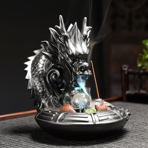 Zen Ceramic Backflow Incense Burner Creative Home Decor Dragon Incense Holder Censer With LED Crystal Ball + 10pcs Incens
