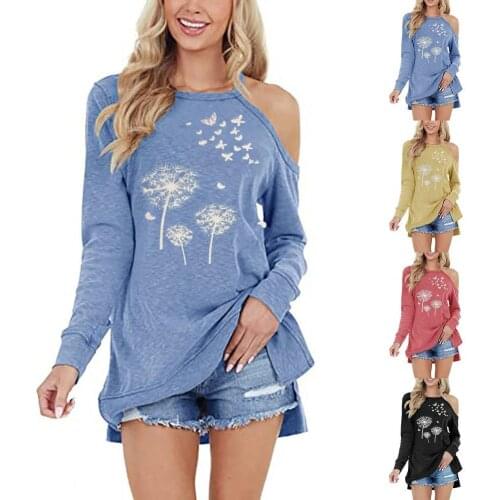 Casual Loose Ladies Long Sleeve Tops T Shirt Off Shoulder Round Neck Tops Women Clothing Dandelion Print Spring Autumn Basic Top