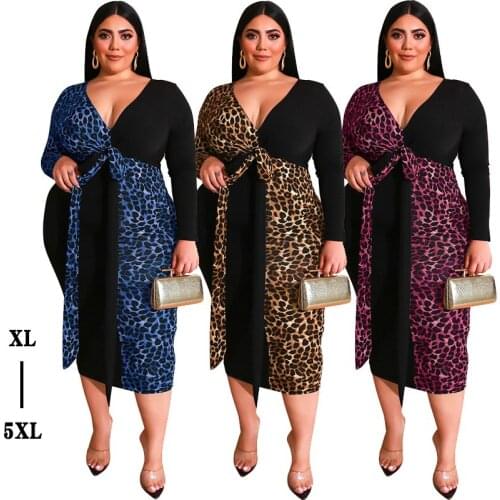 Woman Leopard Print Color Matching Mid Dress with Belt Female Deep V Tight-Fitting Long Plus Size Dress Oversize Slim Dress 5XL