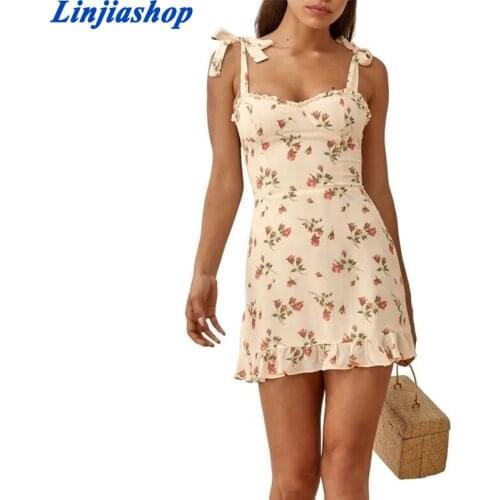 Za Fashion Women Chic Small Fresh Floral Strap Dress 2021 Summer Sleeveless Slim Ladies Lace-up Elastic Mini Dress Vestidos