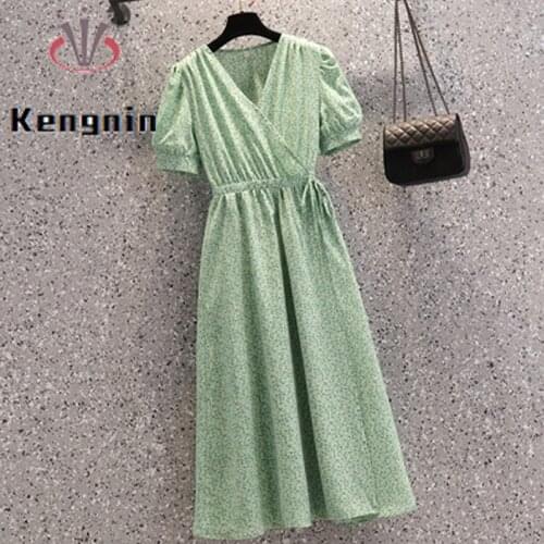 2021 Summer Dress Oversized Women Dress Korean Chic One-Piece Belt Chiffon Ladies Vestidos Print Floral Female Robe KE1251