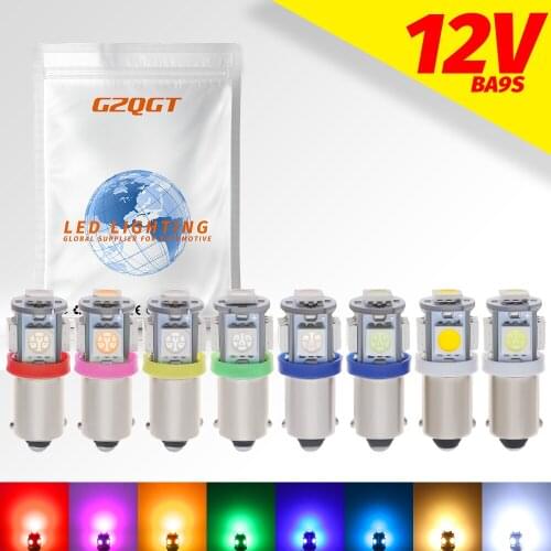 100pcs T4W BA9S 5 SMD 5050 Car LED Interior Lamp Side Marker Backup Tail Reading Bulb Door License Plate Light Green Red Blue