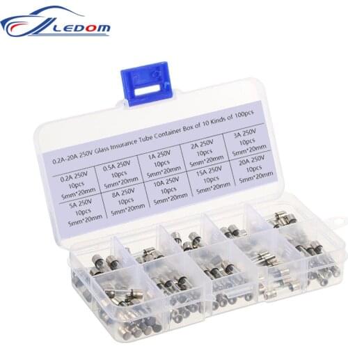 100Pcs/Set 5x20mm Quick Blow Glass Tube Fuse Assorted Kits, Fast-Blow Glass Fuses 0.2A 0.5A 1A 2A 3A 5A 8A 10A 15A 20A