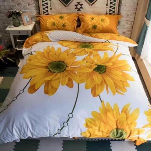 4Pcs 100% Cotton Queen King size Luxury 3D Sunflower Bedding set white yellow Duvet Cover Set Bed sheet Pillowcase
