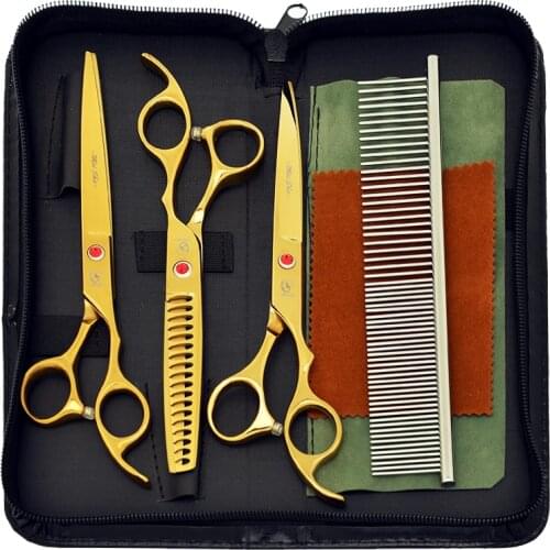 7.0" Japanese 440C Pet Hair Trimmer Kits Dog Grooming Scissors Animal Curved Cutting Tijeras Thinning Shear Pet Supplies B0015A