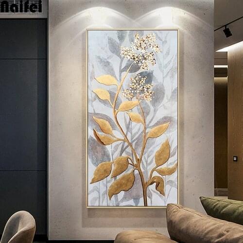 Large 5D Diy Daimond Painting Golden Plant Flowers Leaf 3D Diamond Mosaic Kit Full Rhinestone Love Picture Embroidery Diamant