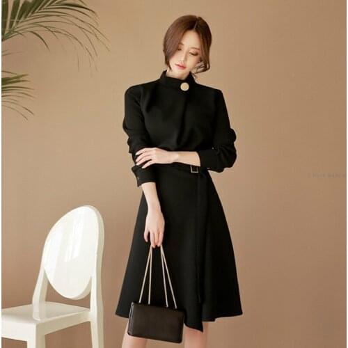 O-neck Long Sleeve Black Blazer Dress Women Solid Autumn Winter Dress Woman Robe Big Swing Solid OL Work Office Dress for Ladies