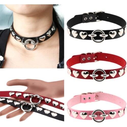 Fashion Chocker Gothic Jewelry Metal Round Leather Heart Choker Necklace Gift for Women Handmade Girls Punk Rivets accessories