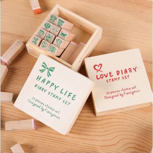 25pcs/Box Happy Life Dairy Wooden Rubber Seals Diy Stamp For Card Making Stationery Scrapbooking Crafts Supplies Wood Stamp