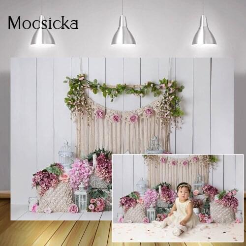 Pink Flowers Garden Backdrop Spring Floral Portrait Background White Wooden Floor Photocall Rose Birthday Art Photography Props