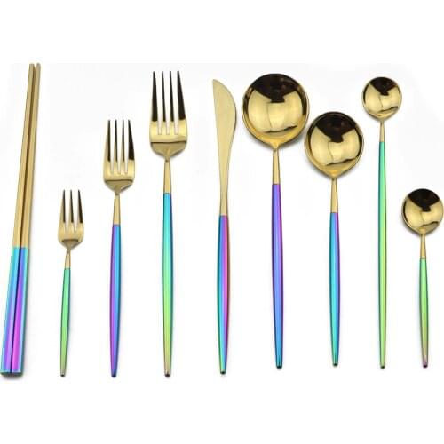 JANKNG 1-Piec Dinnerware Luxury Blazing Colorful Gold 18/10 Stainless Steel Silverware Set Rainbow Tableware Cutlery Knife Fork