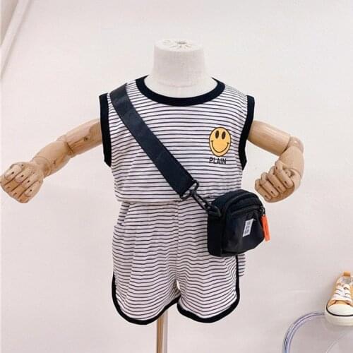Hollead Summer Childrens Vest Set Cotton Baby Sleeveless Stripe Vest 2-piece Clothes Boys Clothing Set Baby Toddler Clothing