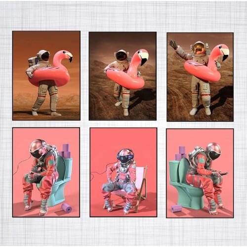 Space Astronaut On Toilet Sitting Canvas Posters Pink Flamingo Print Painting Roll Paper Bathroom Wall Art Pictures Funny Decor
