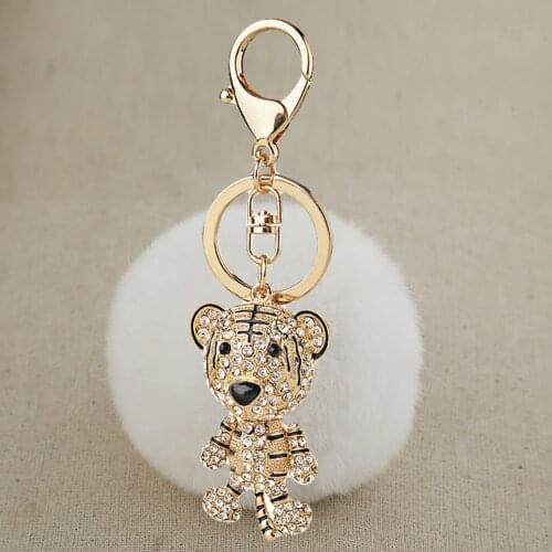 Hot-selling Tiger Rhinestone Keychain Rex Rabbit Hair Ball Ladies Bag Ornament Fashion Pendant in Winter