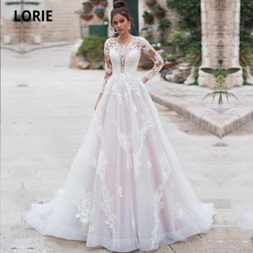 LORIE Blush Pink Wedding Dresses Long Sleeves O-Neck Lace A-Line Elegant Wedding Gown Custom Made Boho Bridal Dress 2021