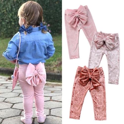 Cute Kids Baby Girl Bowknot BottoMs Pleuche Solid Long Pants Leggings Trousers Clothes