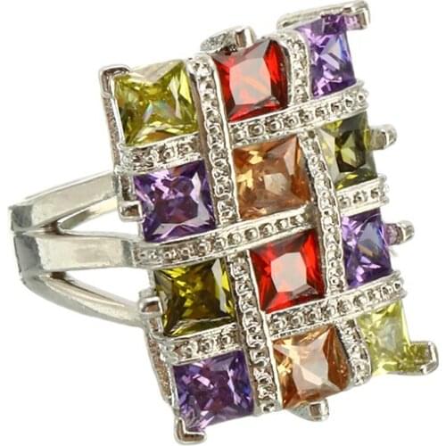 Fashion Luxury Rainbow Square Cubic Zirconia Ring Engagement Ring Colorful Finger Rings For Women Size 6 7 8 9 10