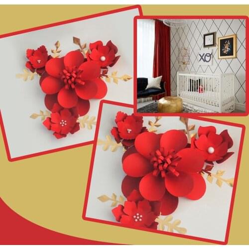 Handmade Red Easy Made DIY Paper Flowers Gold Leaves Set For Nursery Wall Deco Baby Shower Girls Room Backdrop Video Tutorials