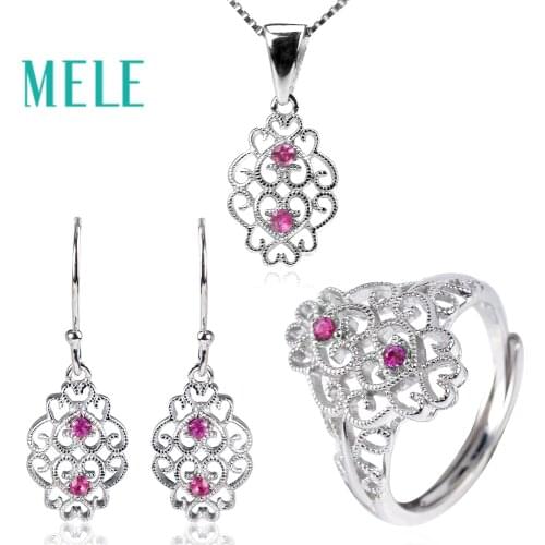 MELE natural ruby 925 syerling silver Jewelry Sets for women,1.8mm round cut gemstone fashion and classical fine jewelry