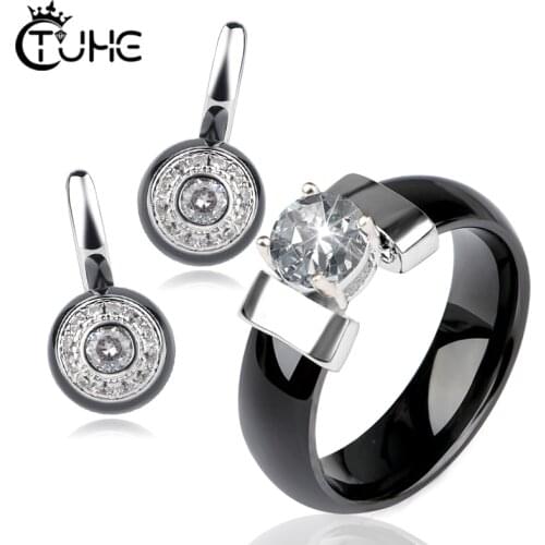 Fashion Crystal Bridal Wedding Jewelry Sets Black White Pink Healthy Ceramic Rhinestone Women Rings Stud Earrings Engagement